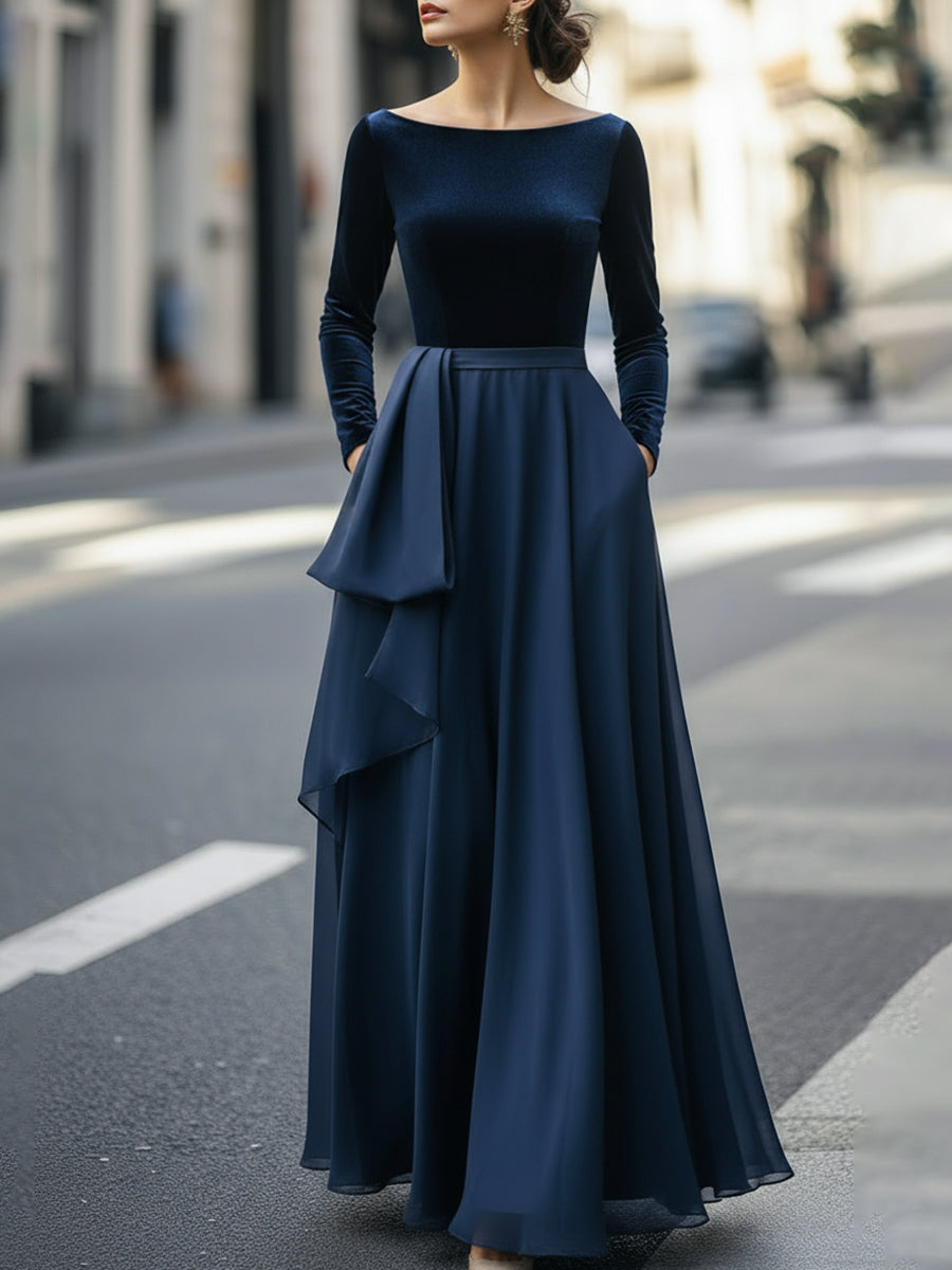 Velvet And Chiffon Evening Gown With Ruffle Detail