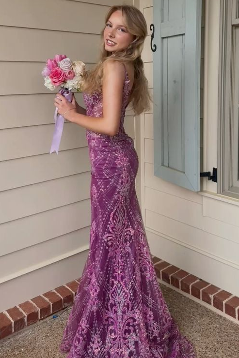 Stunning Purple V Neck Spaghetti Straps Appliques Mermaid Long Prom Dress
