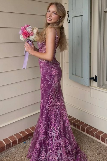 Stunning Purple V Neck Spaghetti Straps Appliques Mermaid Long Prom Dress