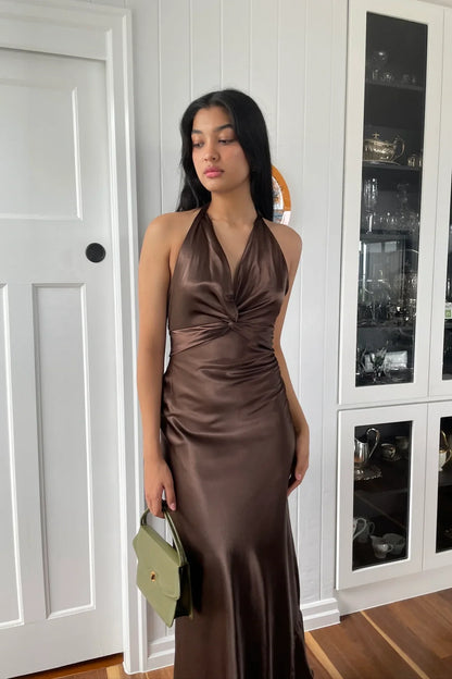 Trendy Sheath Halter Neck Purple Long Party Dress with Open Back Bowknot