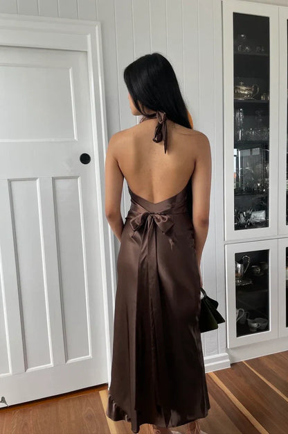Trendy Sheath Halter Neck Purple Long Party Dress with Open Back Bowknot