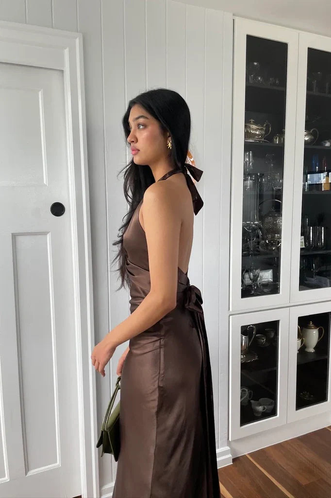 Trendy Sheath Halter Neck Purple Long Party Dress with Open Back Bowknot