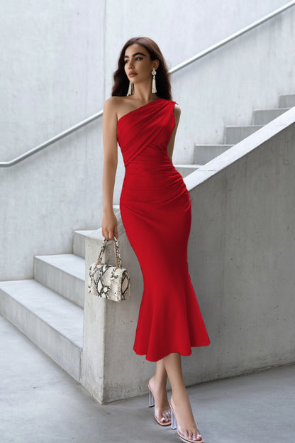 Wedding Guest Semi Formal Satin Dress Champagne One Shoulder Trumpet Mermaid Dress