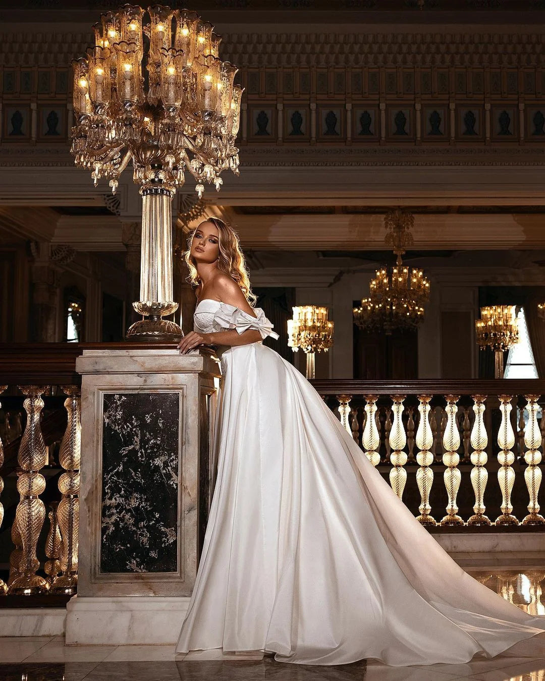 Beautiful A-line Off-The-Shoulder Lace Floor-length Satin Wedding Dress With Sweetheart Appliques