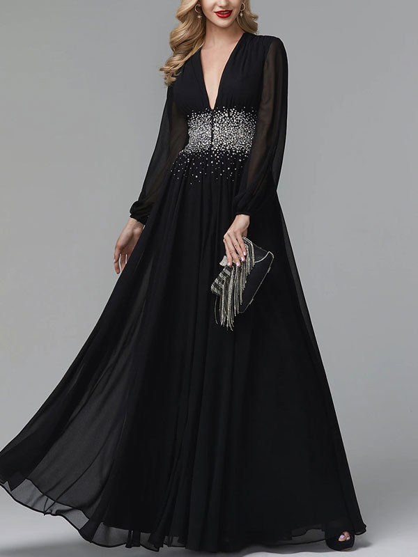 Wedding Guests Long Sleeve V-Neck Chiffon Women's Dress