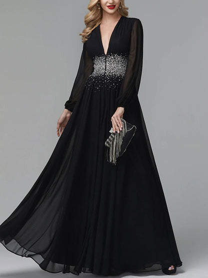 Wedding Guests Long Sleeve V-Neck Chiffon Women's Dress