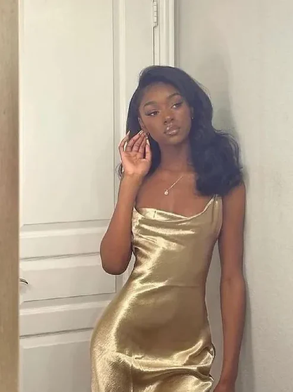 Gold Square Neck Straps Backless Black Girl Long Party Dress