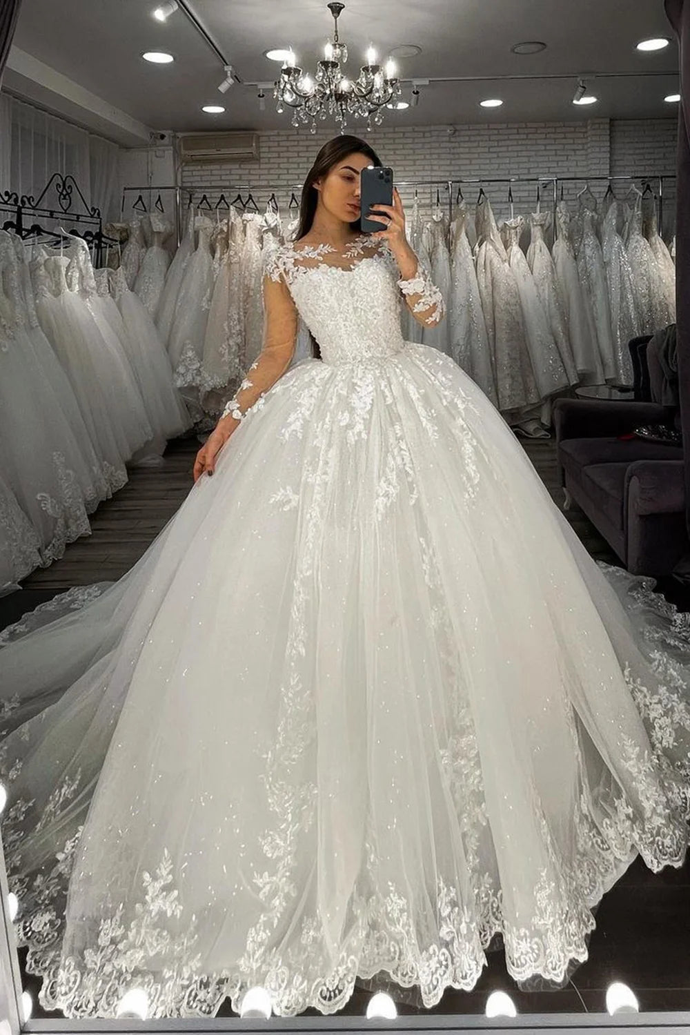 Long Sleeves Sheer Tulle Ball Gown Wedding Dress With Appliques