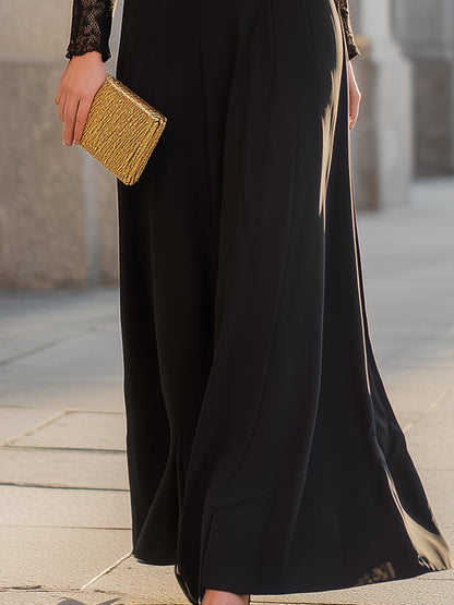 Black Lace-Trimmed Deep V-Neck Dress