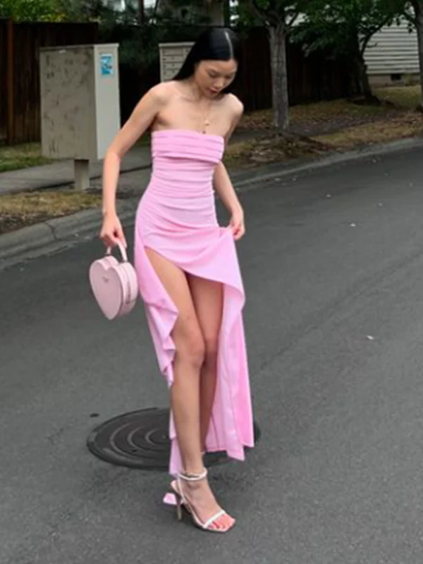 Pink Strapless Lovely Ruffle Party Dress with Split