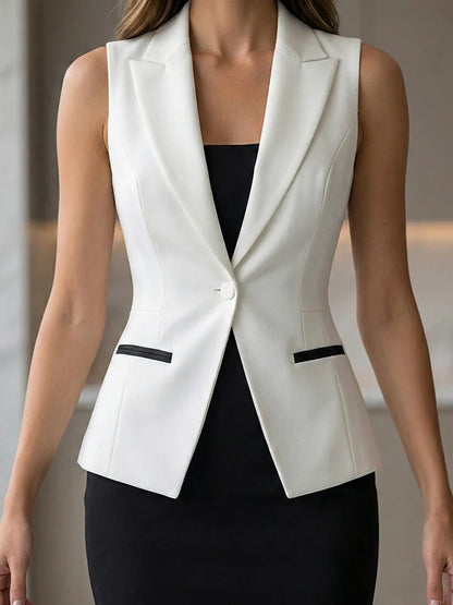 Black And White Color Blocked Sleeveless Blazer Vest Bodycon Pencil Skirt 2-Piece Suit