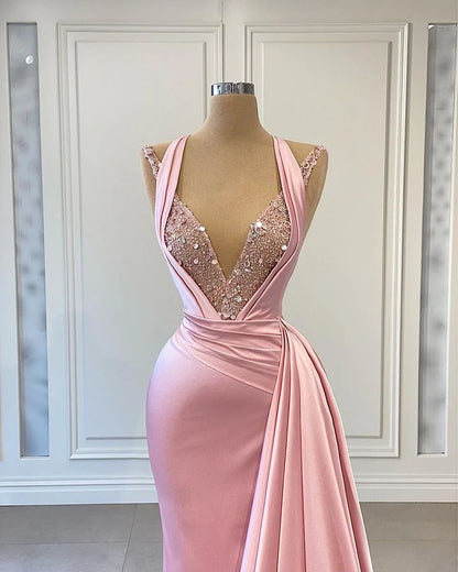 Elegant Pink Halter Sleeveless With Sequins Evening Dress