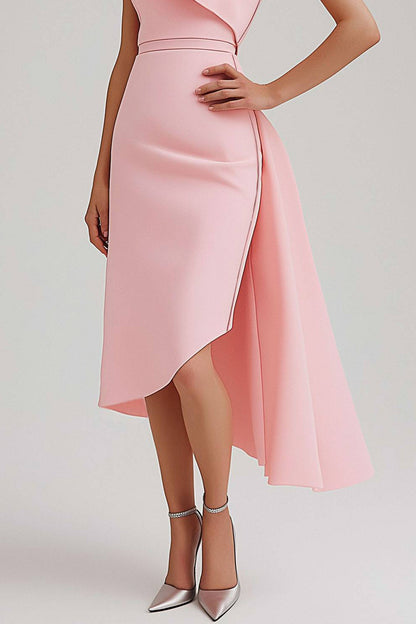 Wedding Guest Semi-Formal Dress Pink Sleeveless Bow Asymmetrical Midi Dress