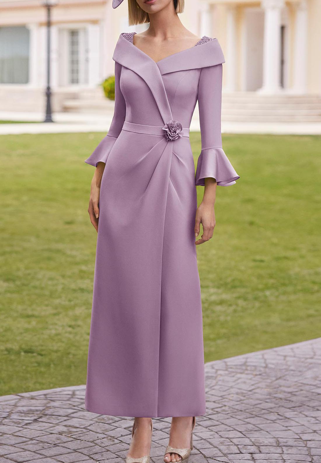 V-Neck Long Sleeves Ruched Sheath Mother of Bride Dress