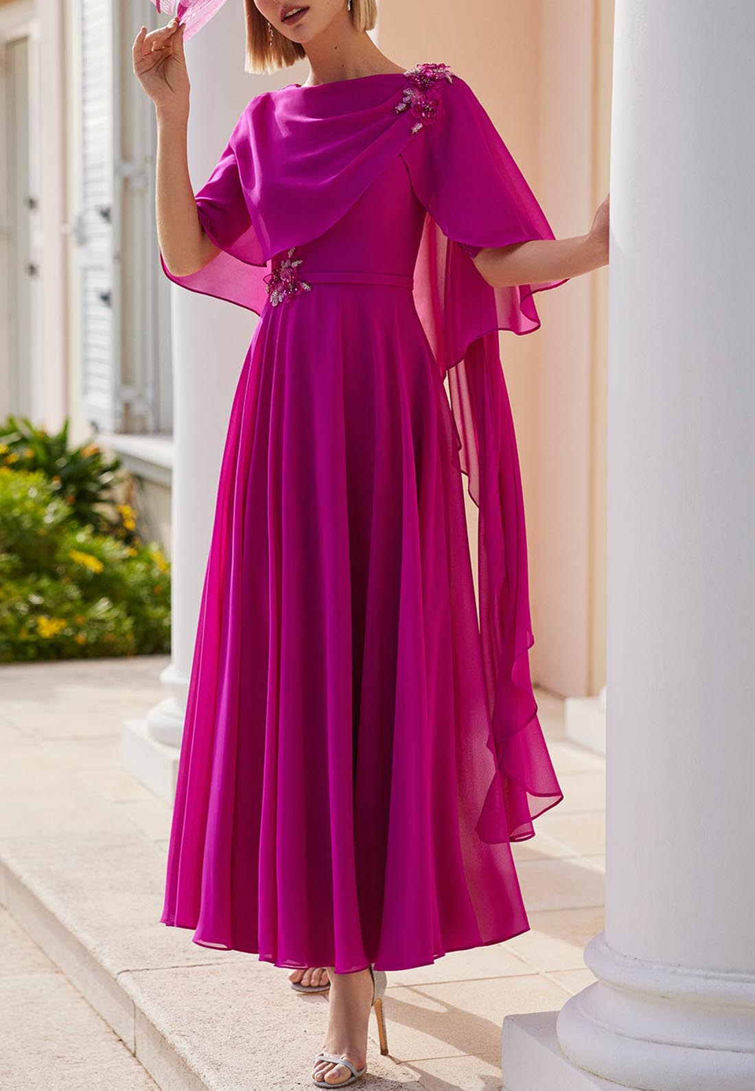 Scoop Short Sleeves Chiffon Appliques A-Line Mothher of Bride Dress