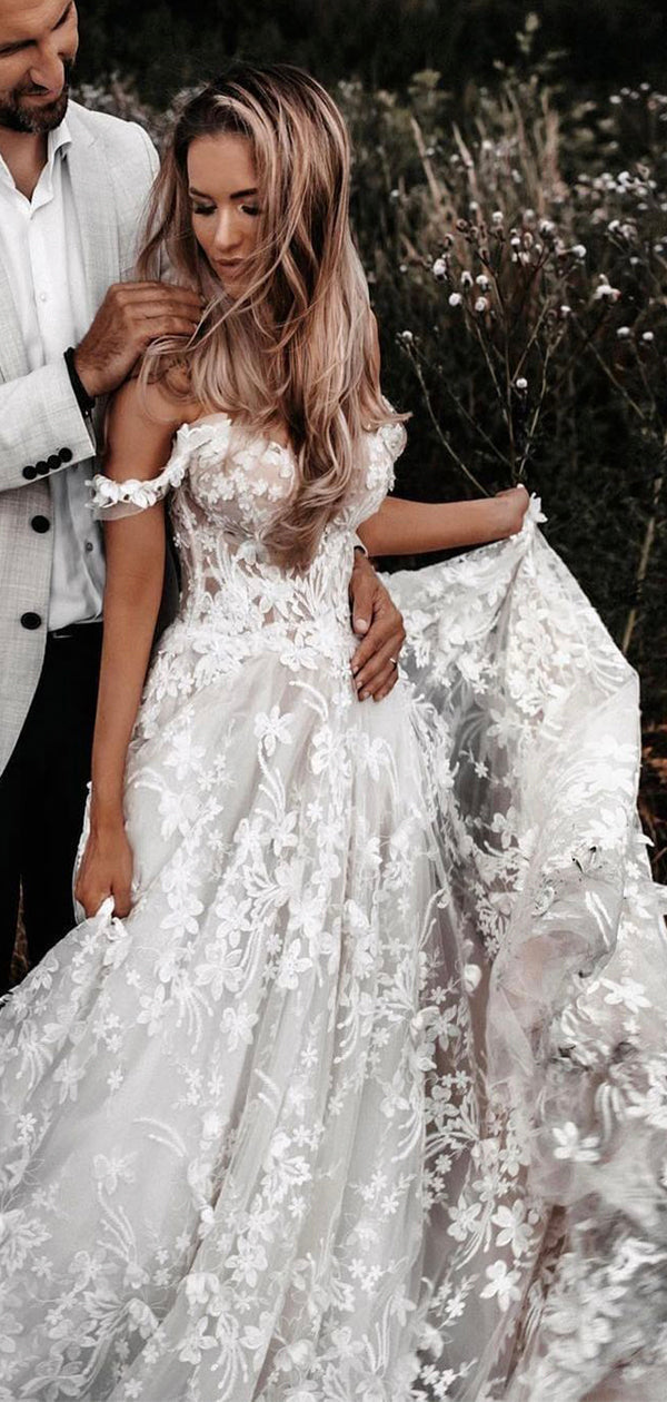 A Line Lace Beach Country Wedding Dresses Off the Shoulder Bridal Gown
