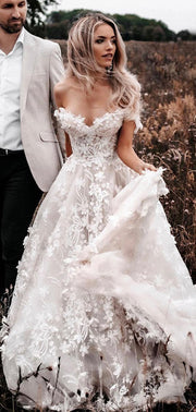 A Line Lace Beach Country Wedding Dresses Off the Shoulder Bridal Gown