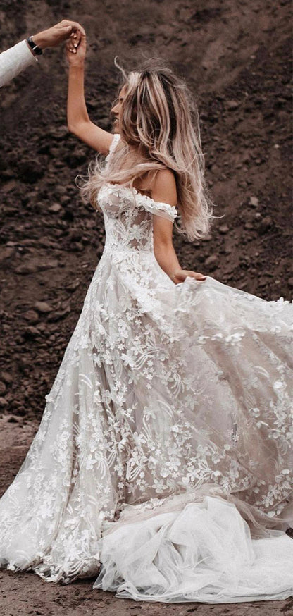 A Line Lace Beach Country Wedding Dresses Off the Shoulder Bridal Gown