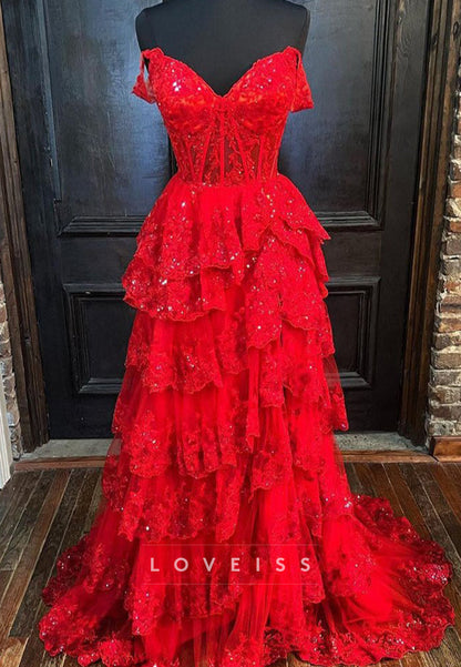 Sweetheart Sleeveless Appliques Tiered A-Line Prom Dress