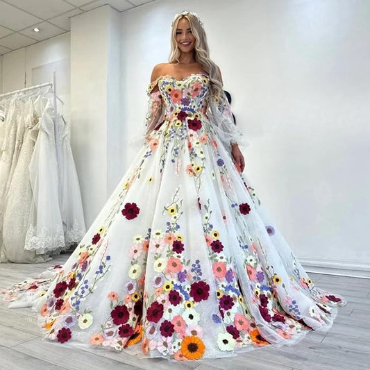 A Line Puff Sleeves Beach Wedding Dresses 3D Florals Off Shoulder