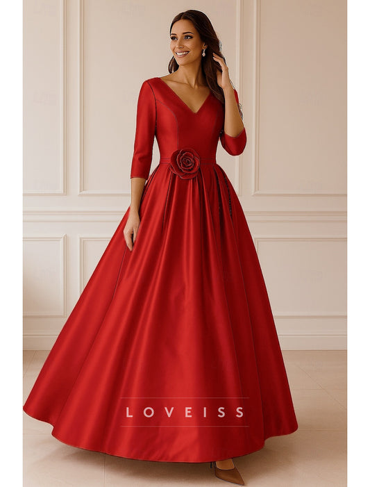 A-Line 3_4 Length Sleeve V Neck Wedding Forma Dress