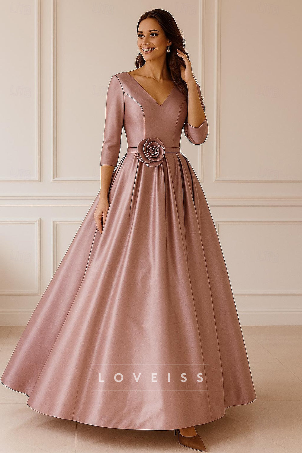 A-Line 3_4 Length Sleeve V Neck Wedding Forma Dress