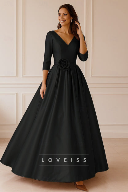 A-Line 3_4 Length Sleeve V Neck Wedding Forma Dress