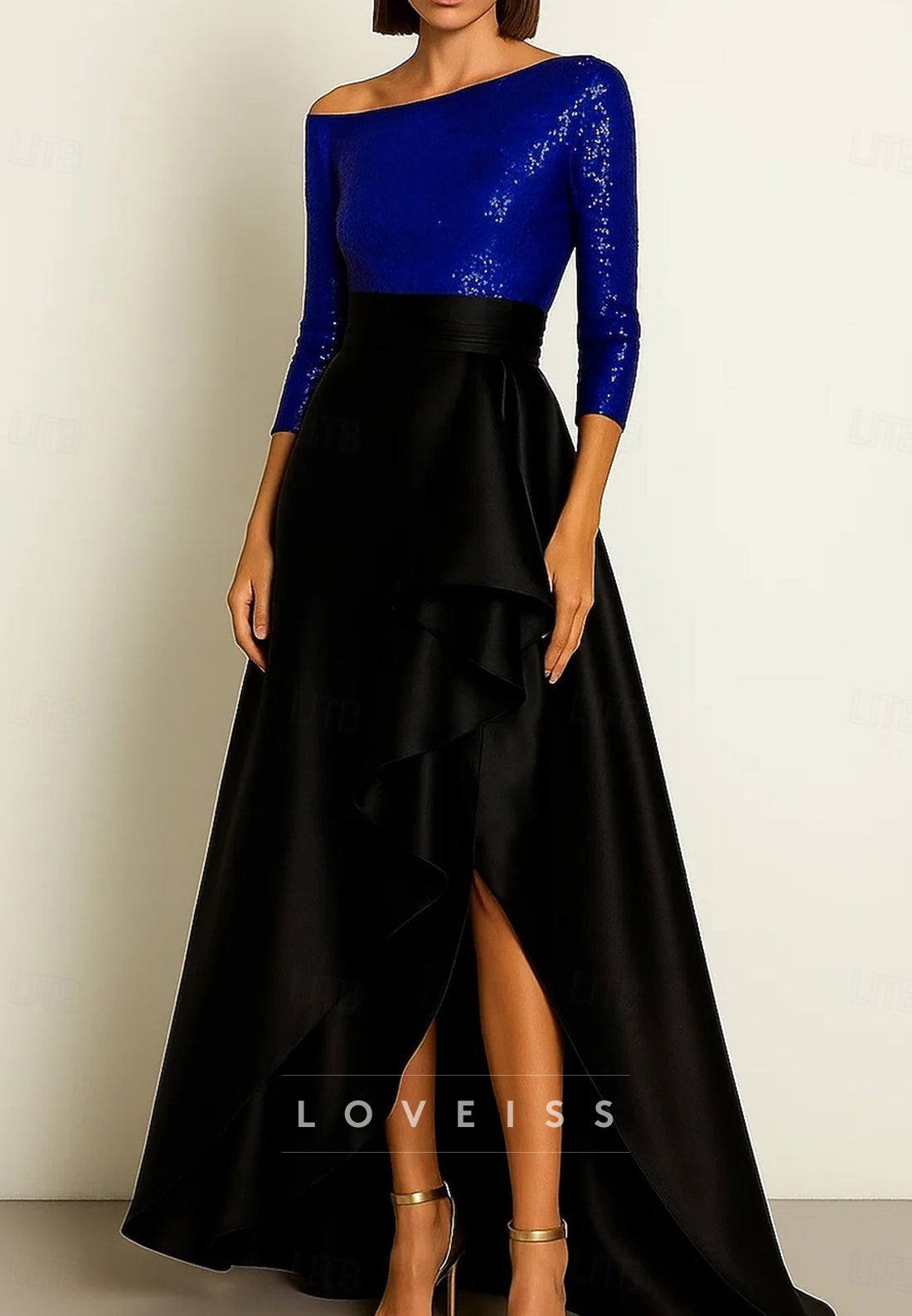 A-Line Asymmetrical Floor Length  Formal Dress Elegant Silky 3_4 Length Sleeve