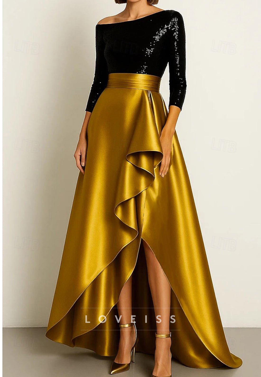 A-Line Asymmetrical Floor Length  Formal Dress Elegant Silky 3_4 Length Sleeve