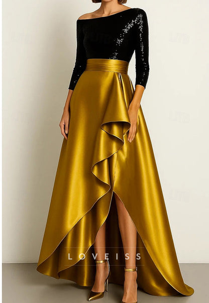 A-Line Asymmetrical Floor Length  Formal Dress Elegant Silky 3_4 Length Sleeve