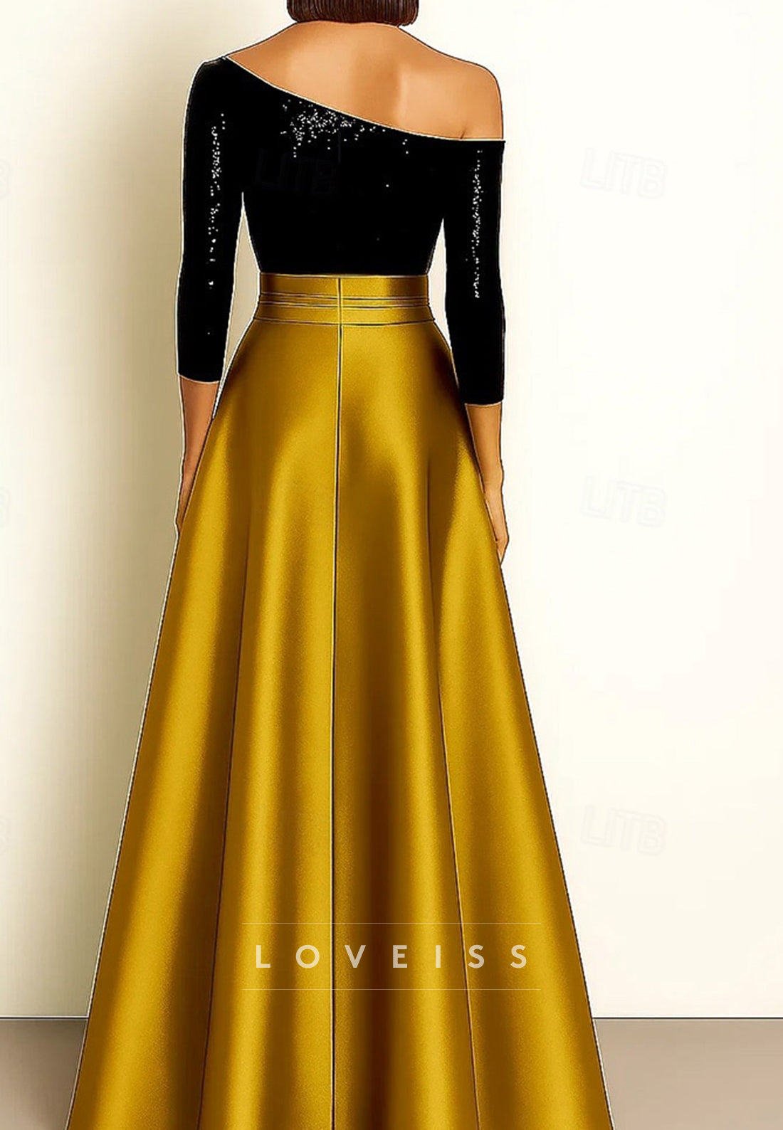 A-Line Asymmetrical Floor Length  Formal Dress Elegant Silky 3_4 Length Sleeve