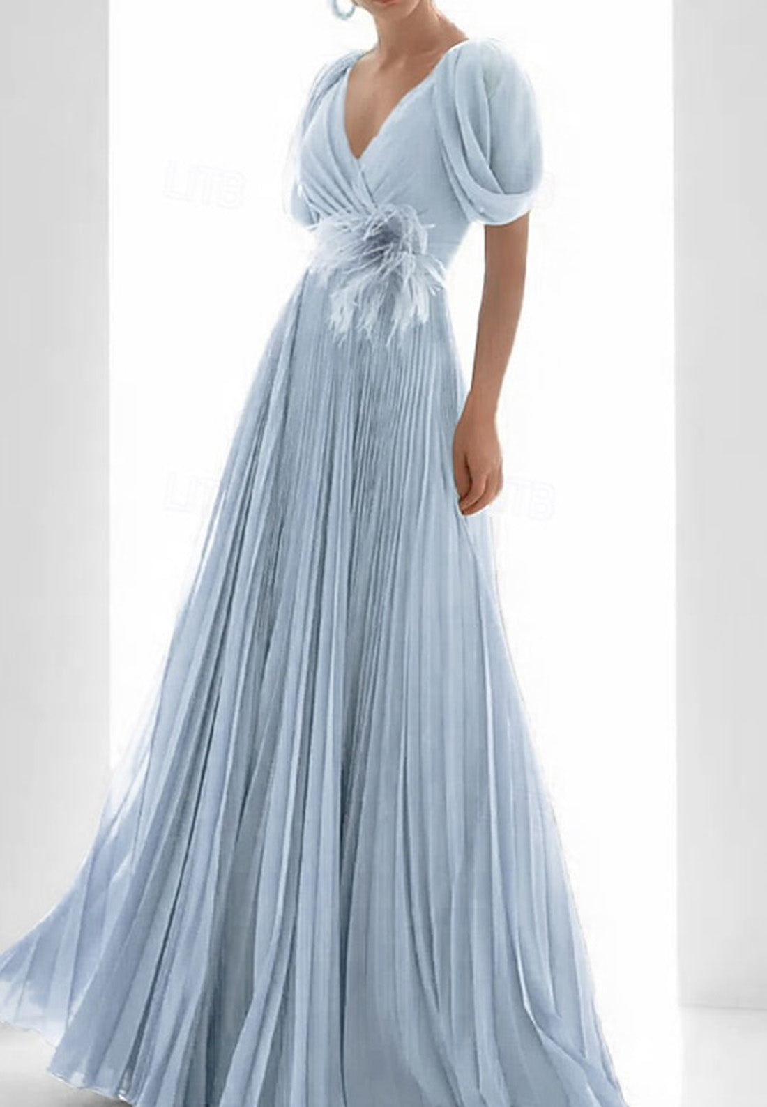 A-Line Evening Gown Wedding Formal Floor Length Short Sleeve V Neck Chiffon
