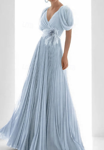 A-Line Evening Gown Wedding Formal Floor Length Short Sleeve V Neck Chiffon