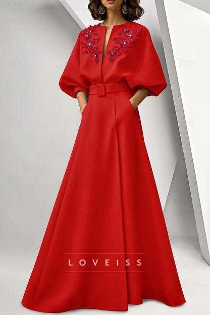 A-Line Floor Length Evening Gown Ball Gown Formal Dress Elegant Long Sleeve