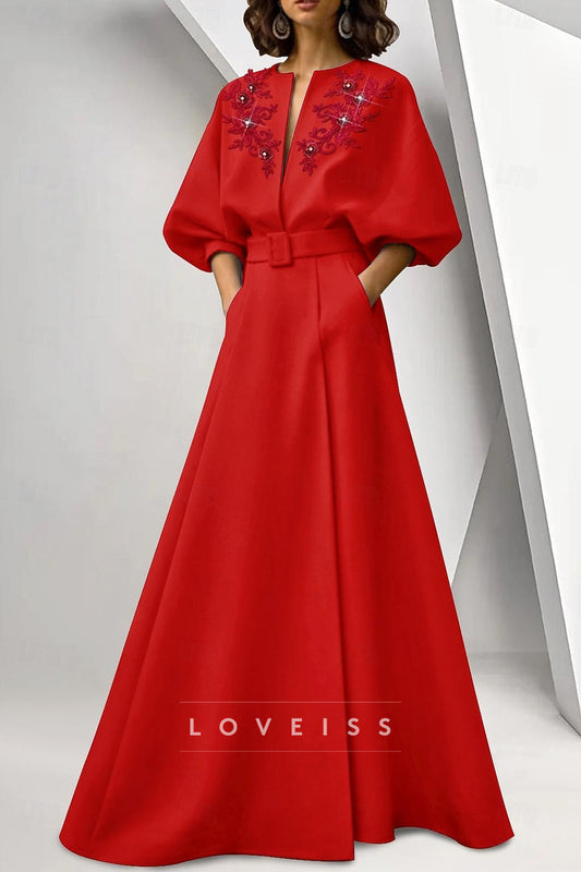 A-Line Floor Length Evening Gown Ball Gown Formal Dress Elegant Long Sleeve