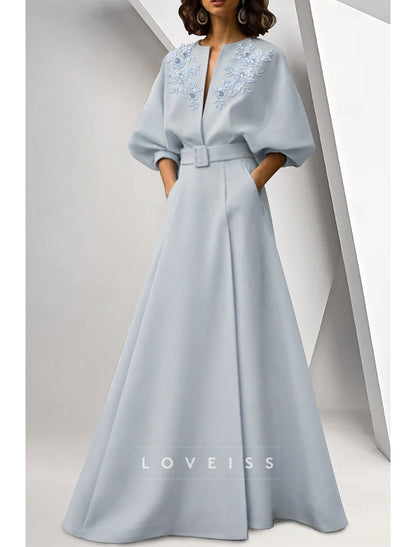 A-Line Floor Length Evening Gown Ball Gown Formal Dress Elegant Long Sleeve