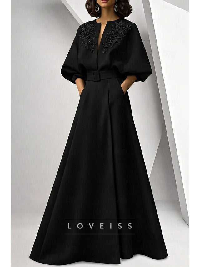 A-Line Floor Length Evening Gown Ball Gown Formal Dress Elegant Long Sleeve