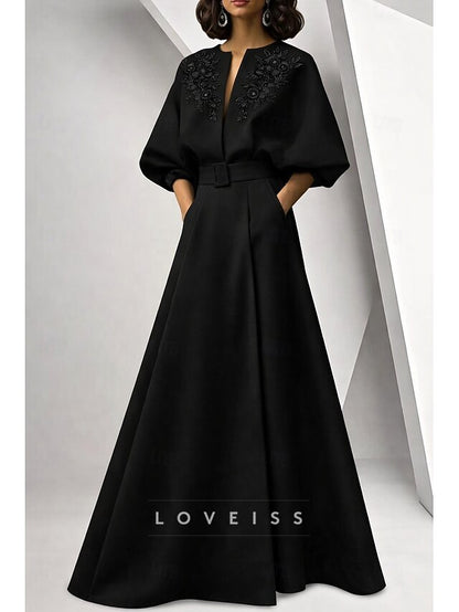 A-Line Floor Length Evening Gown Ball Gown Formal Dress Elegant Long Sleeve