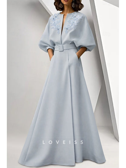 A-Line Floor Length Evening Gown Ball Gown Formal Dress Elegant Long Sleeve