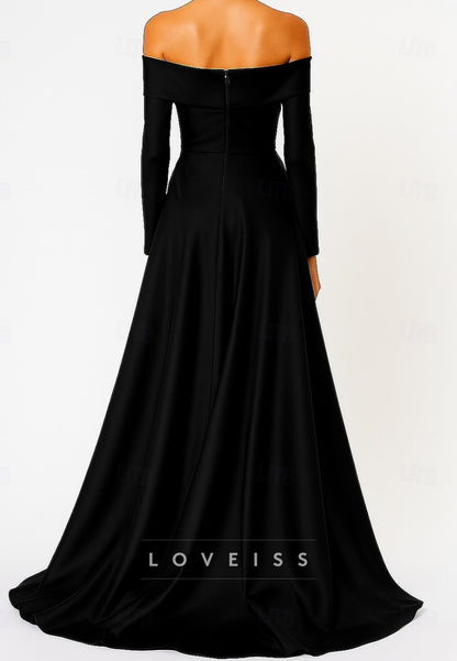 A-Line Floor Length Evening Gown Silky Long Sleeve Off Shoulder Wedding Formal Dress