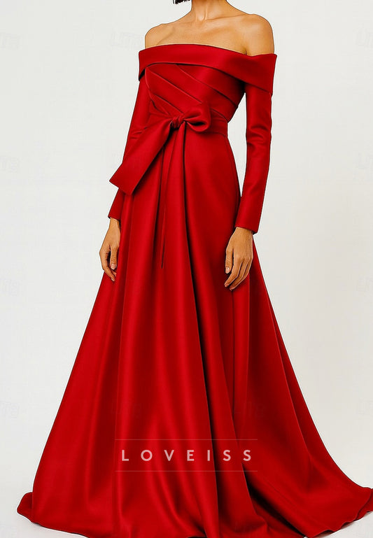 A-Line Floor Length Evening Gown Silky Long Sleeve Off Shoulder Wedding Formal Dress