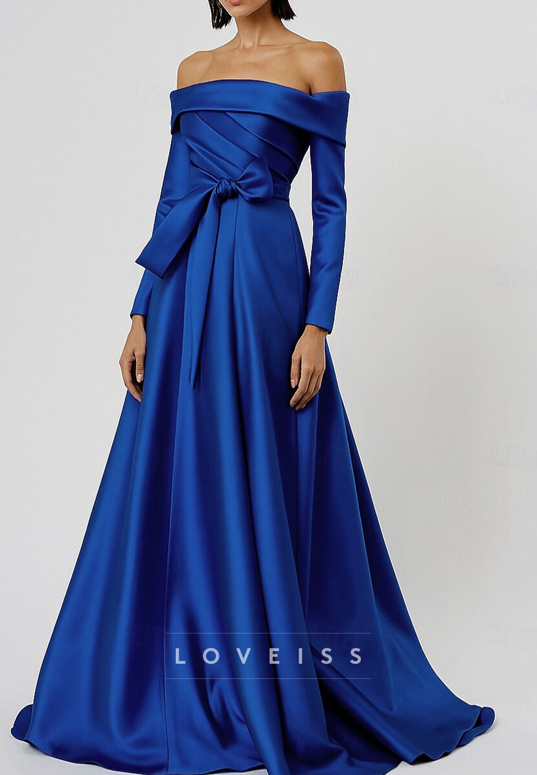 A-Line Floor Length Evening Gown Silky Long Sleeve Off Shoulder Wedding Formal Dress