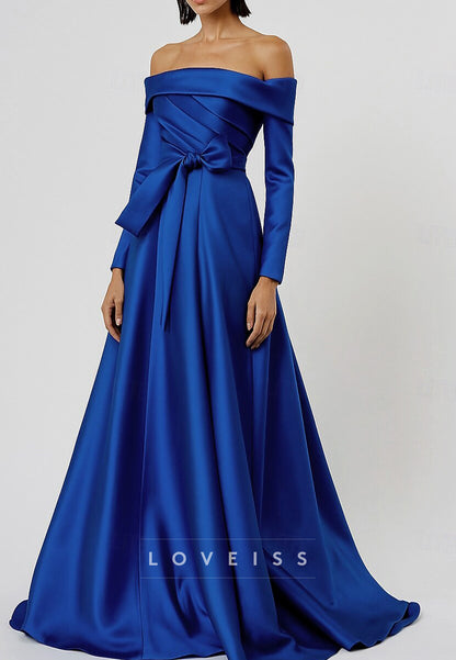 A-Line Floor Length Evening Gown Silky Long Sleeve Off Shoulder Wedding Formal Dress