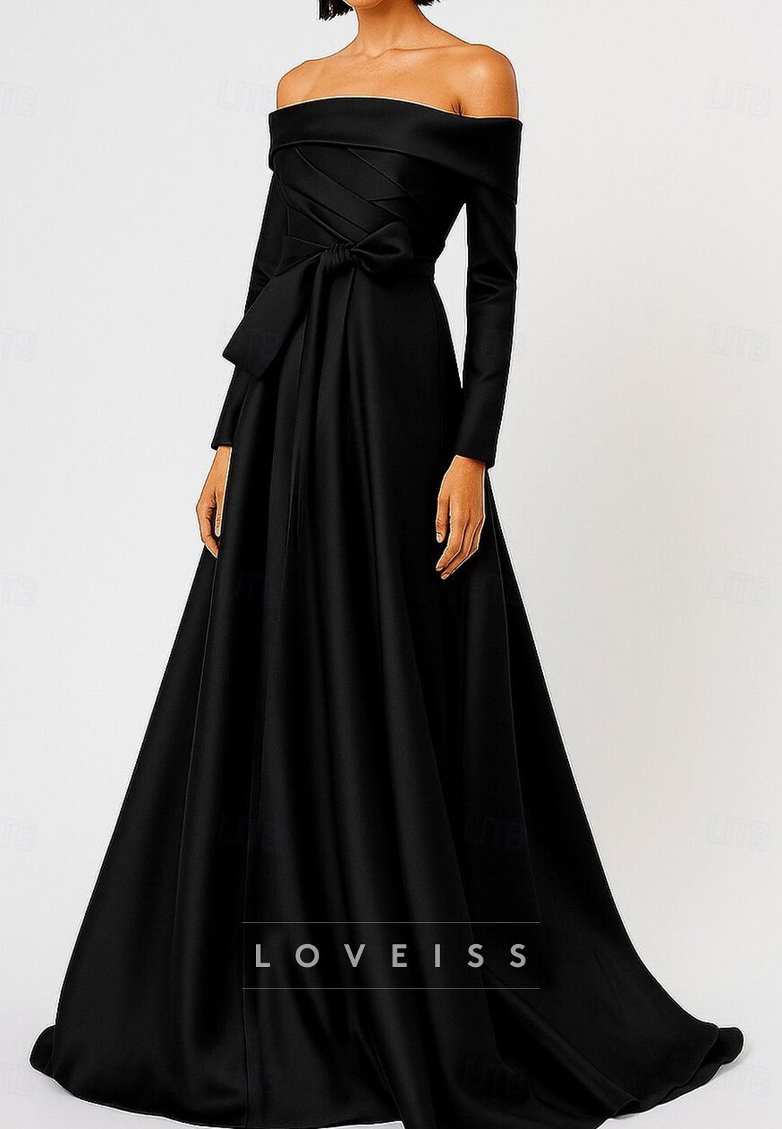 A-Line Floor Length Evening Gown Silky Long Sleeve Off Shoulder Wedding Formal Dress