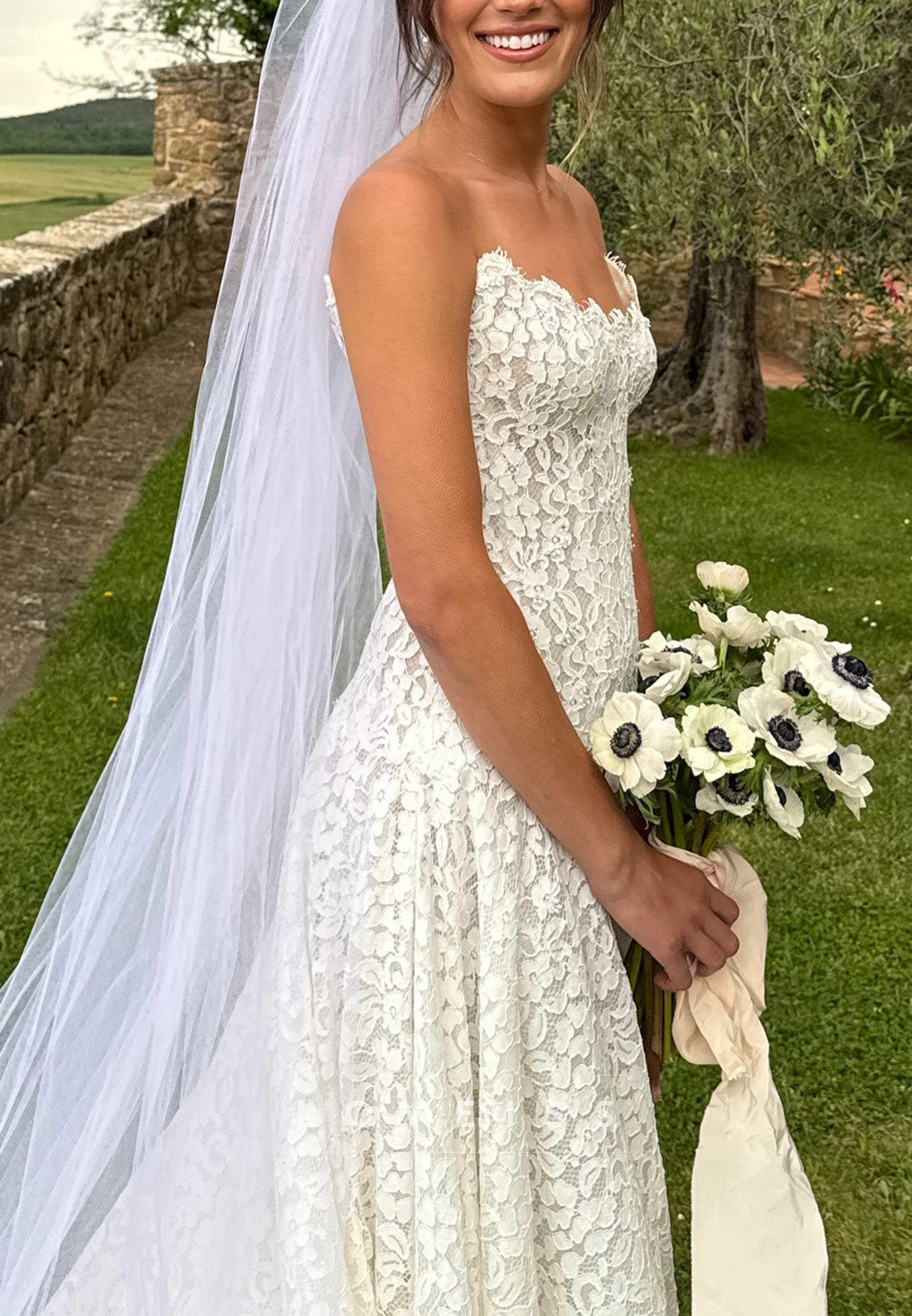 A-Line Off-Shoulder Full Lace Appliques A-Line Wedding Dress