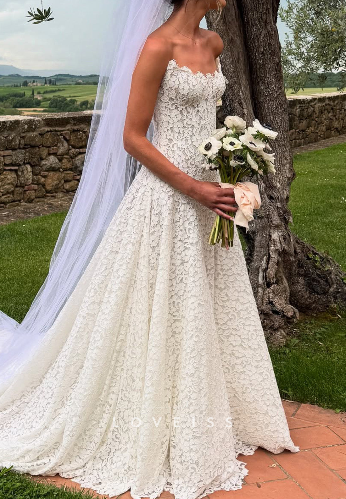 A-Line Off-Shoulder Full Lace Appliques A-Line Wedding Dress