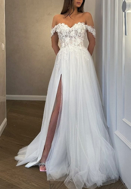 A-Line Off Shoulder Applique Tulle Beach Boho Wedding Dress with High Side Slit