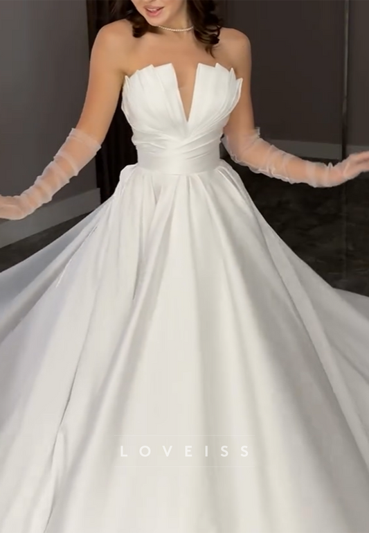 A-Line Sleek Pleated Satin Sleeveless Simple Wedding Dress