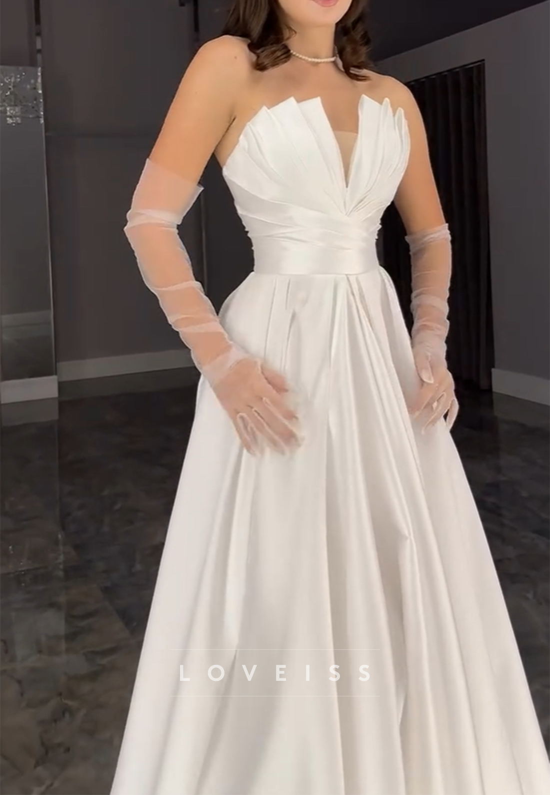 A-Line Sleek Pleated Satin Sleeveless Simple Wedding Dress