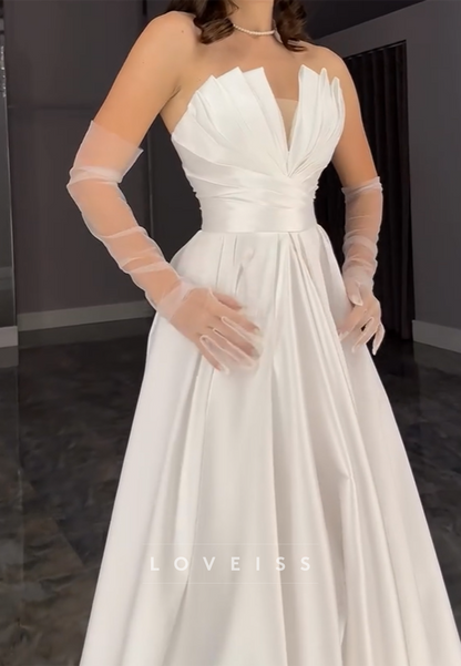 A-Line Sleek Pleated Satin Sleeveless Simple Wedding Dress